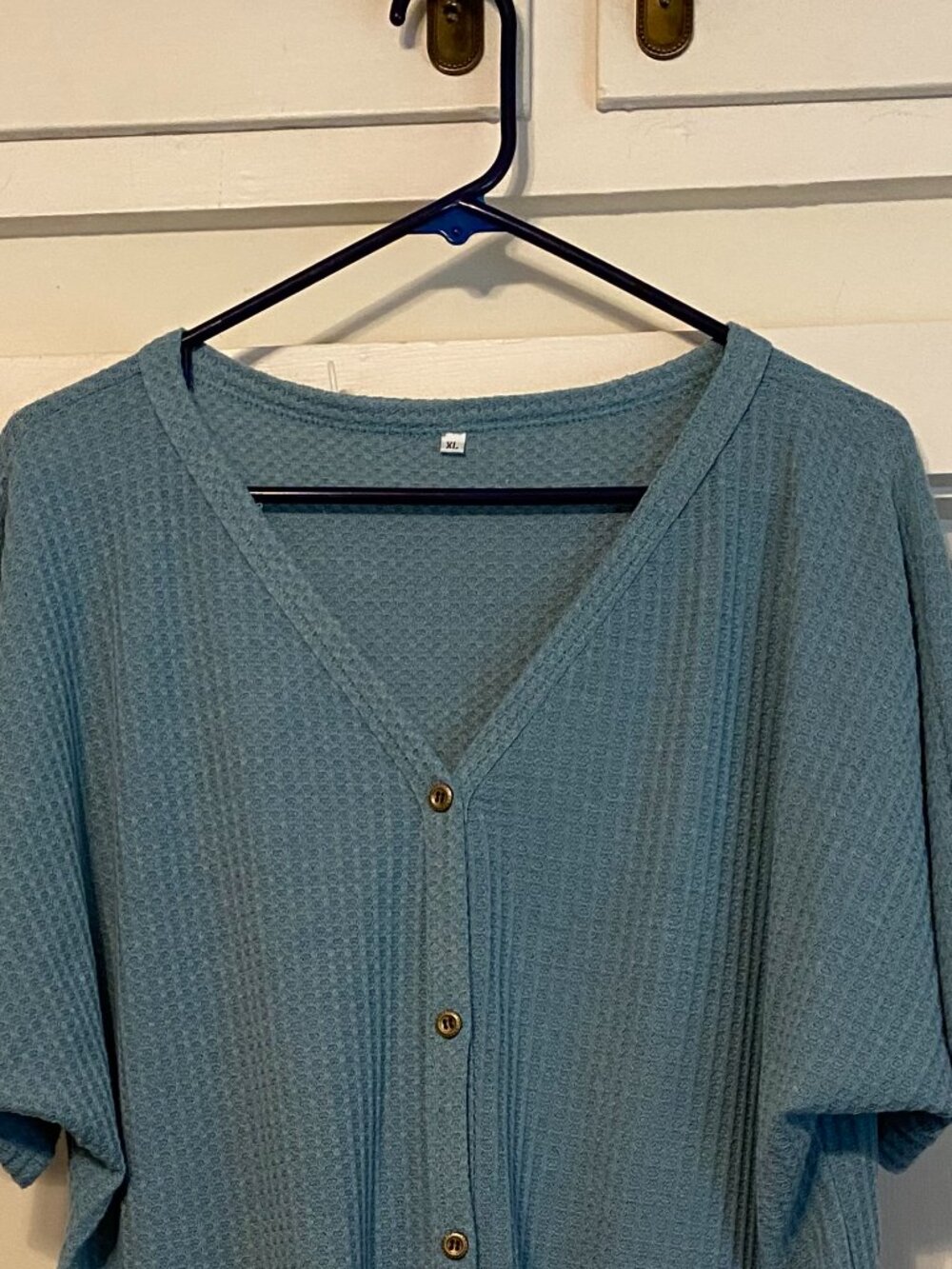 Rib knit, deep sea green short sleeve, button-down tunic w/bottom knot, size XL - Picture 2 of 10